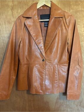 Vtg Y2K GUESS Women's Leather Blazer Jacket in Cognac Tan